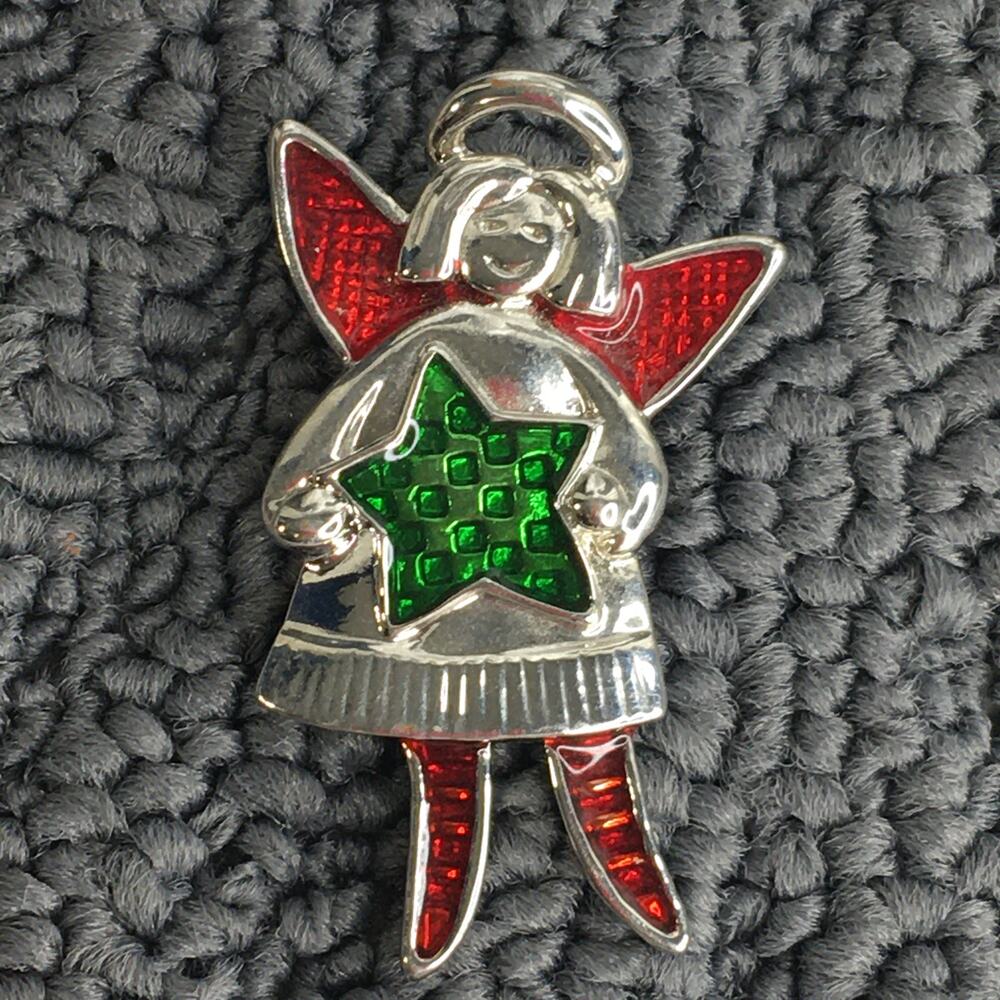 Christmas Angel Pin Brooch Silver Tone with Red & Green Enamel Accents